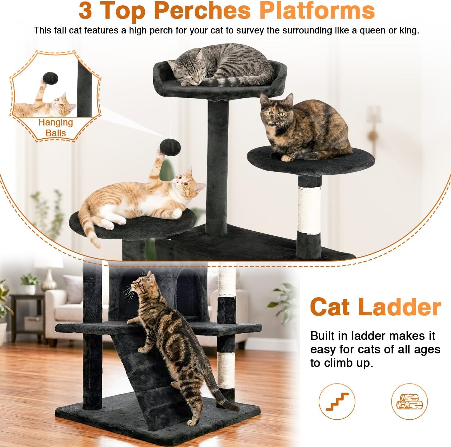 | 54" Cat Tree Tower | Dark Gray | Multi-Level Indoor Activity Center with Sisal Scratching Posts, Condos, Plush Perches, Hanging Cat Toys | Sturdy, Easy to Assemble | for Kittens & Adult Cats