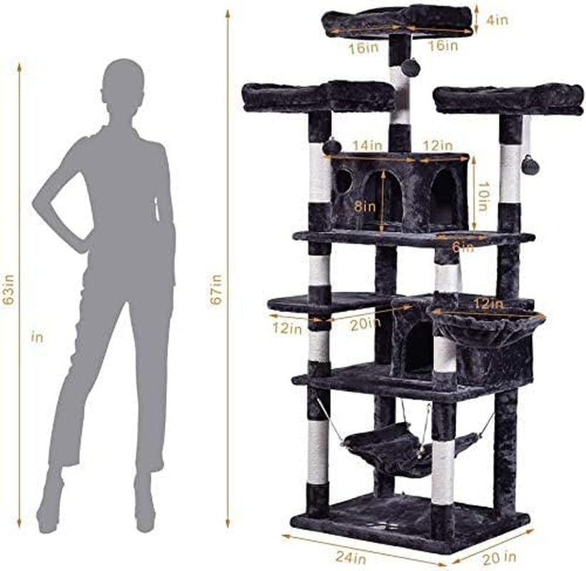 Cat Tree 66.9Inch Multi-Level Large,Activity Centre Cat Tower Furniture,Sisal-Covered Scratching Posts,3 Padded Plush Perches,Dual Condo & Basket,Removable Hammock for Large Cats,Smokey Grey