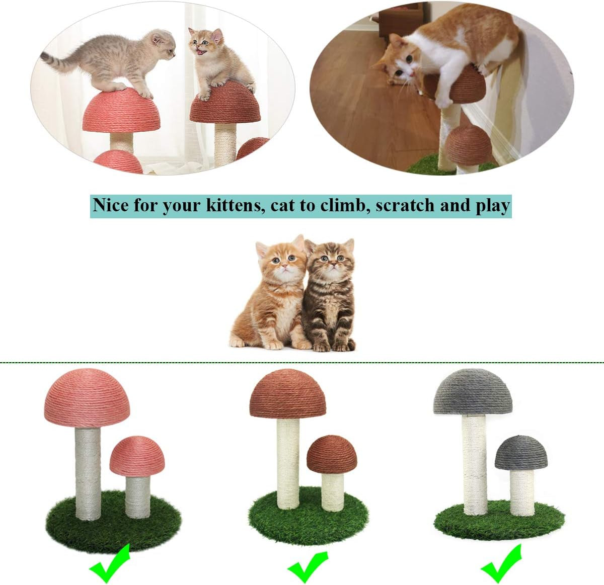 Mushroom Cat Scratcher, Tall Cat Kitten Scratching Post for Indoor Cats and Kittens, Natural Sisal Cat Scratchers