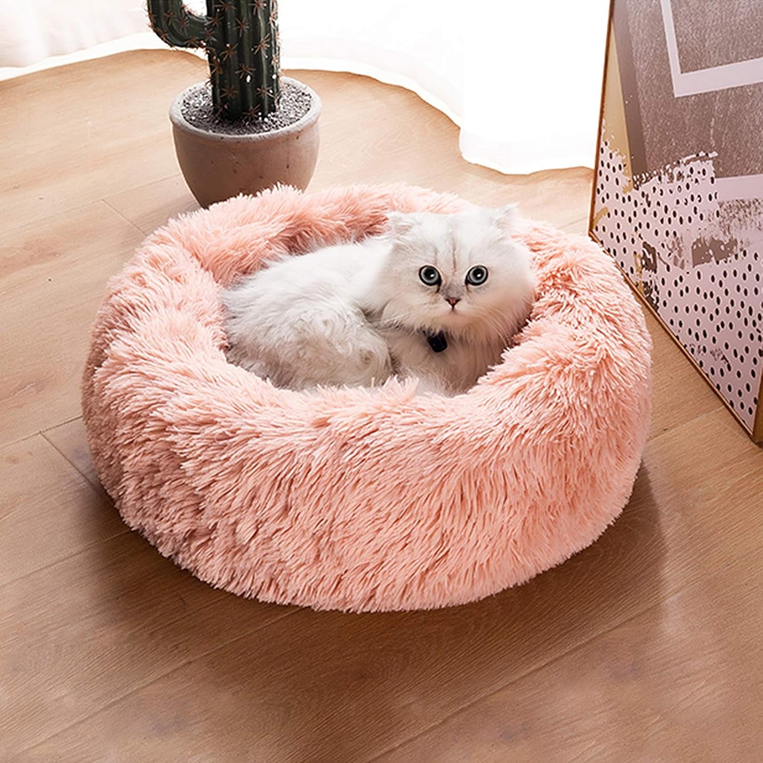 Cat Beds for Indoor Cats, 24'' Cat Bed Machine Washable Dog Bed for Small Dogs, round Fluffy Donut Cuddler Calming Pet Bed, Anti-Anxiety Soft Plush Pet Bed for Puppy and Kitten
