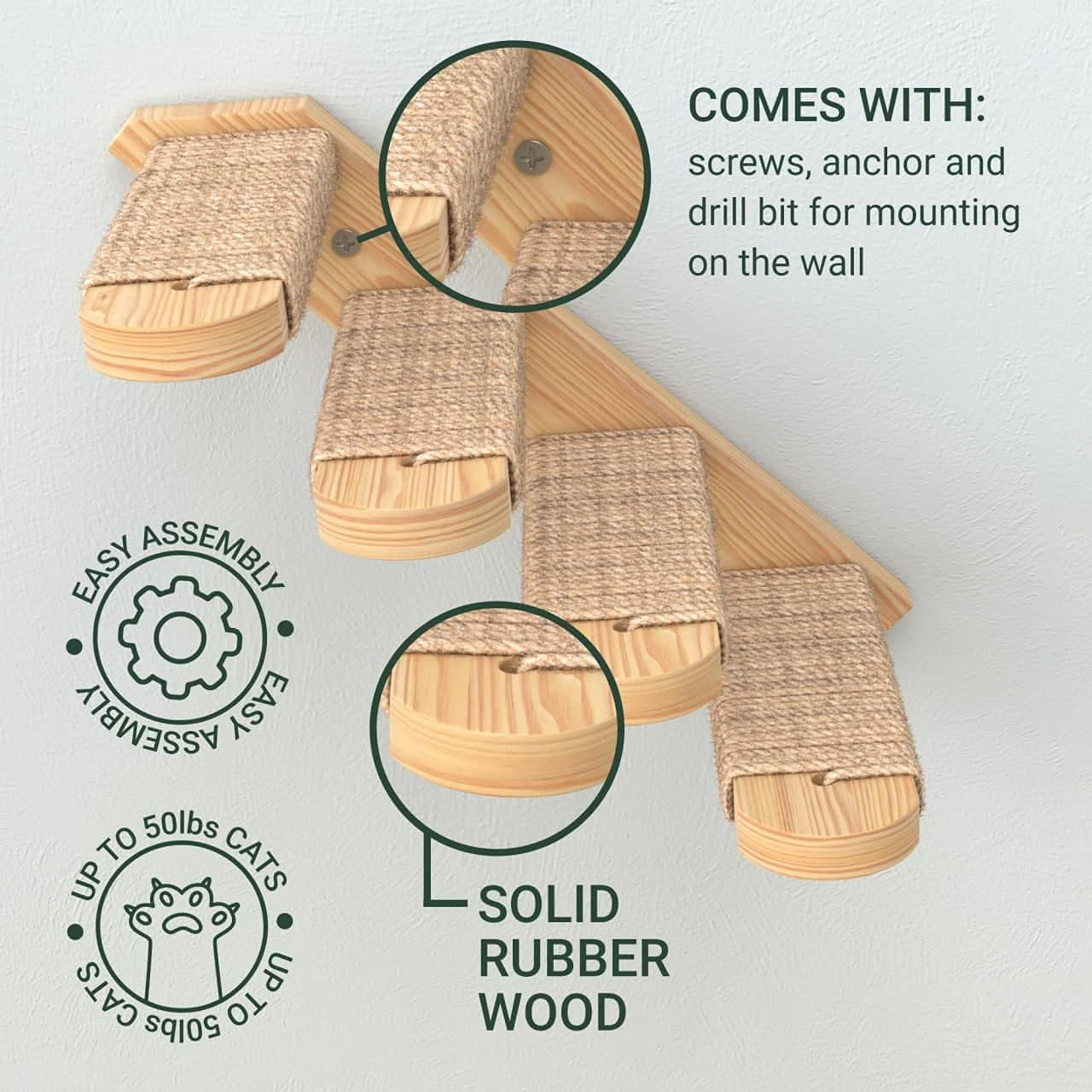 Cat Wall Steps - Solid Rubber Wood Cat Stairs Great for Scratching and Climbing - Easy to Install Wall Mounted Shelves for Playful Cats (Wood, Right-Left)
