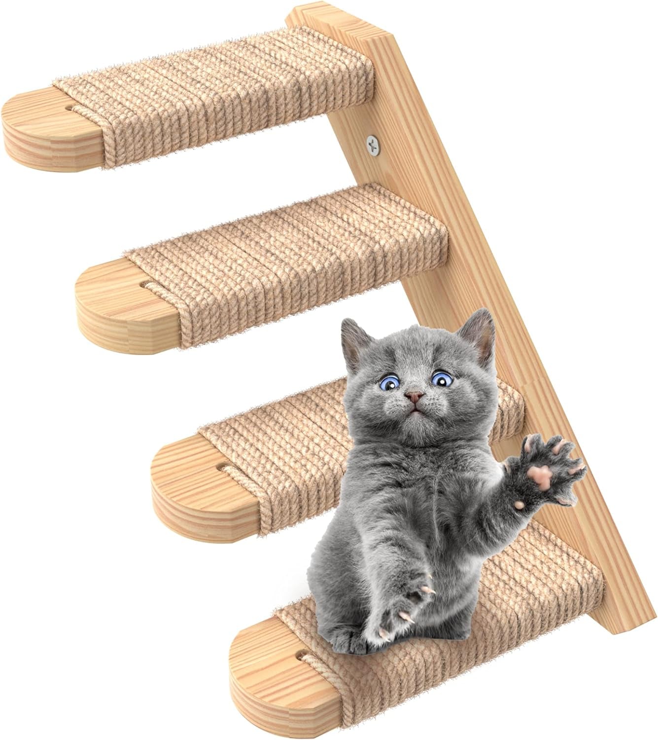 Cat Wall Steps - Solid Rubber Wood Cat Stairs Great for Scratching and Climbing - Easy to Install Wall Mounted Shelves for Playful Cats (Wood, Right-Left)