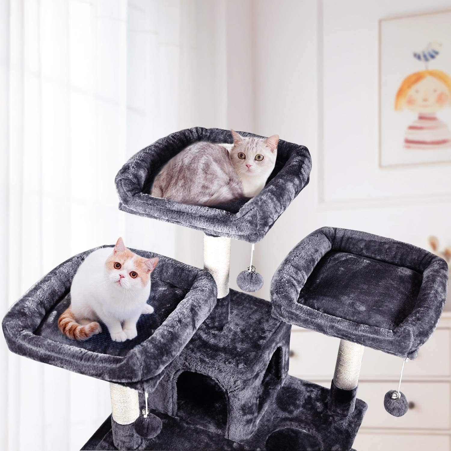 Cat Tree 66.9Inch Multi-Level Large,Activity Centre Cat Tower Furniture,Sisal-Covered Scratching Posts,3 Padded Plush Perches,Dual Condo & Basket,Removable Hammock for Large Cats,Smokey Grey