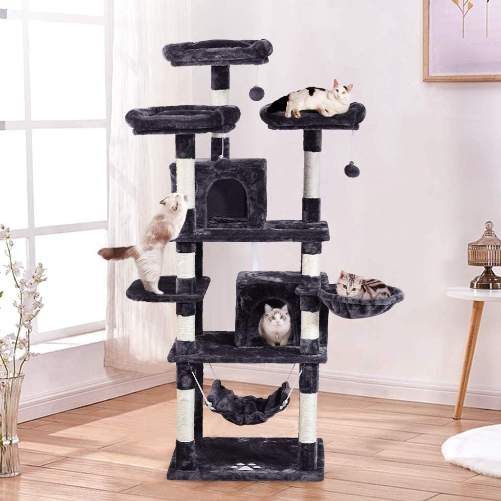 Cat Tree 66.9Inch Multi-Level Large,Activity Centre Cat Tower Furniture,Sisal-Covered Scratching Posts,3 Padded Plush Perches,Dual Condo & Basket,Removable Hammock for Large Cats,Smokey Grey
