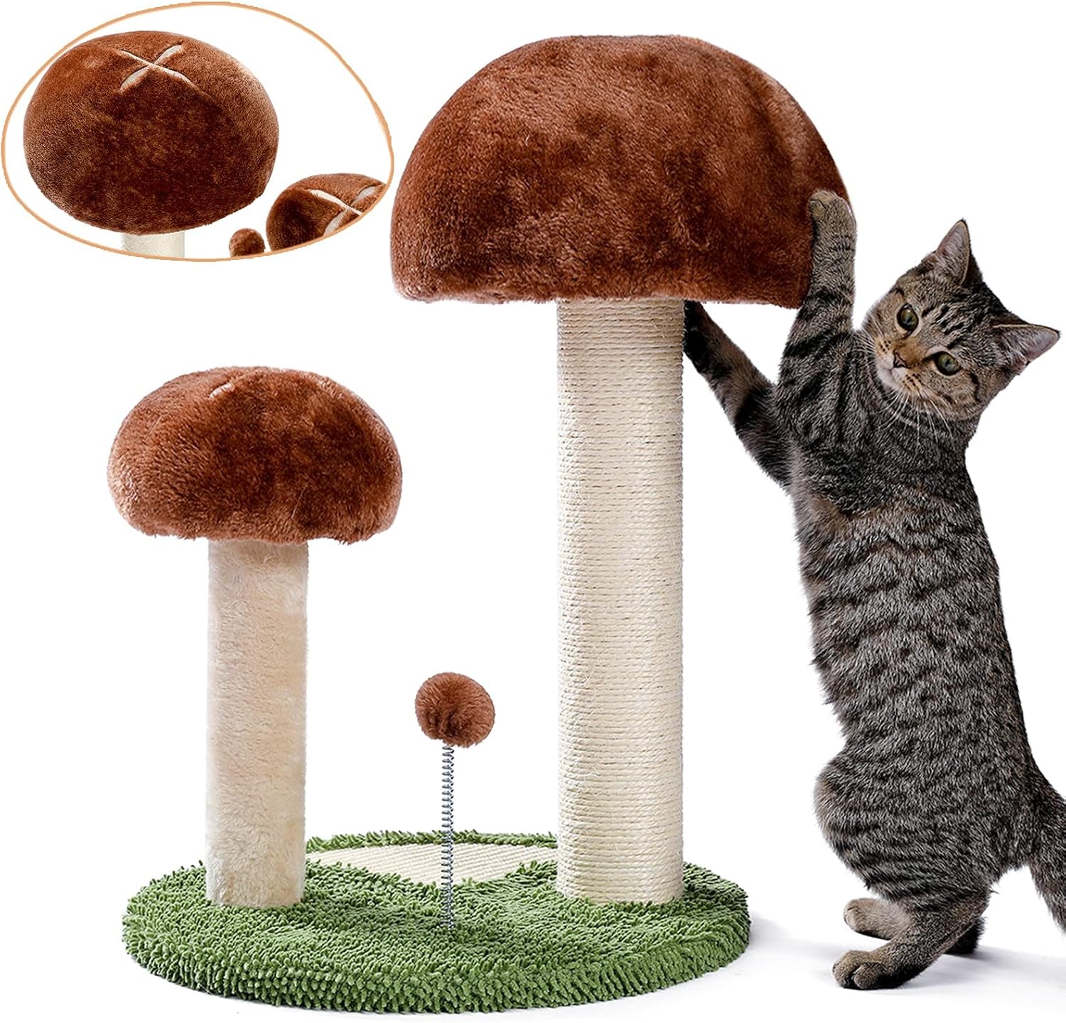 Cat Scratching Post Mushroom Cat Scratcher with Cat Interactive Toy Ball, Natural Sisal Cat Post Made for Kitten, Small Cats