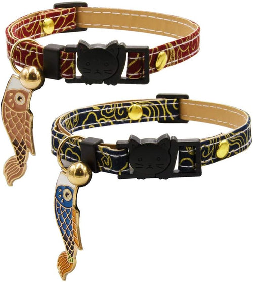 2 Pack Breakaway Cat Collar with Bells & Koinobori Japanese Cat Collar Soft Adjustable Cotton & Leather Kitten Collars for Girl Boy Male Female Cats Kitten