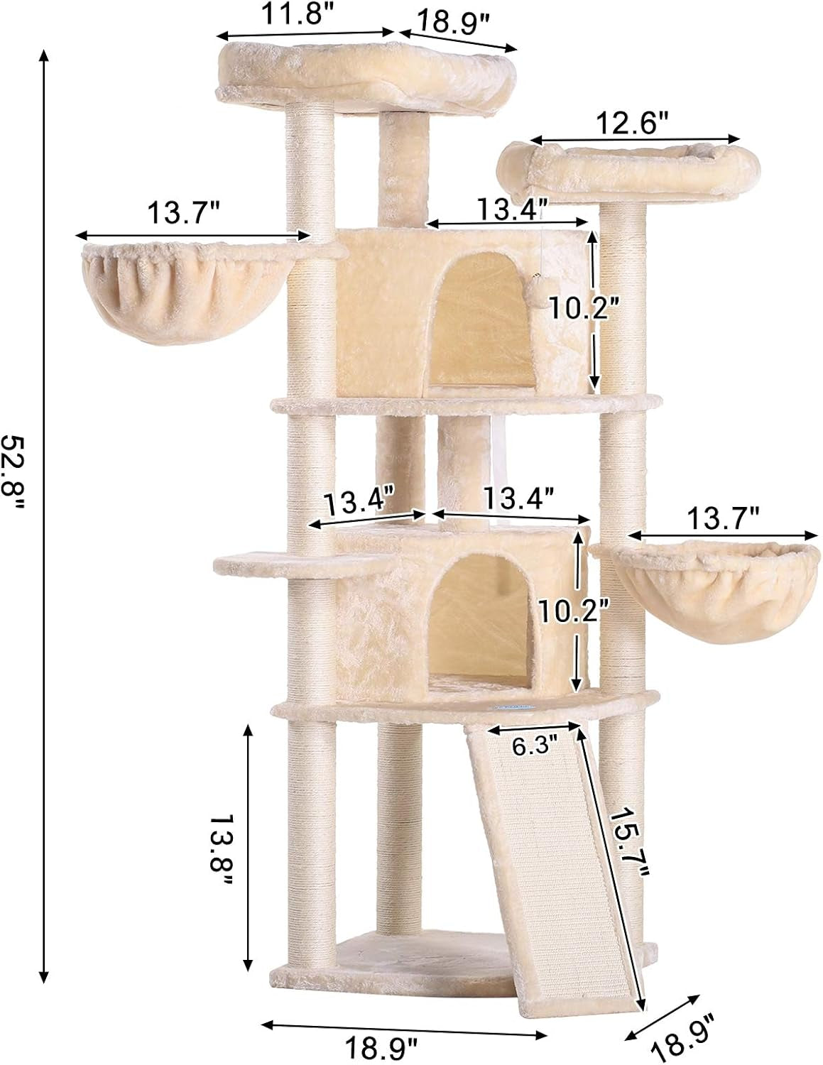 Extra Large Multi-Level Cat Tree Condo Furniture with Sisal-Covered Scratching Posts, 2 Bigger Plush Condos, 2 Perch Hammock, Scratching Posts MPJ031M