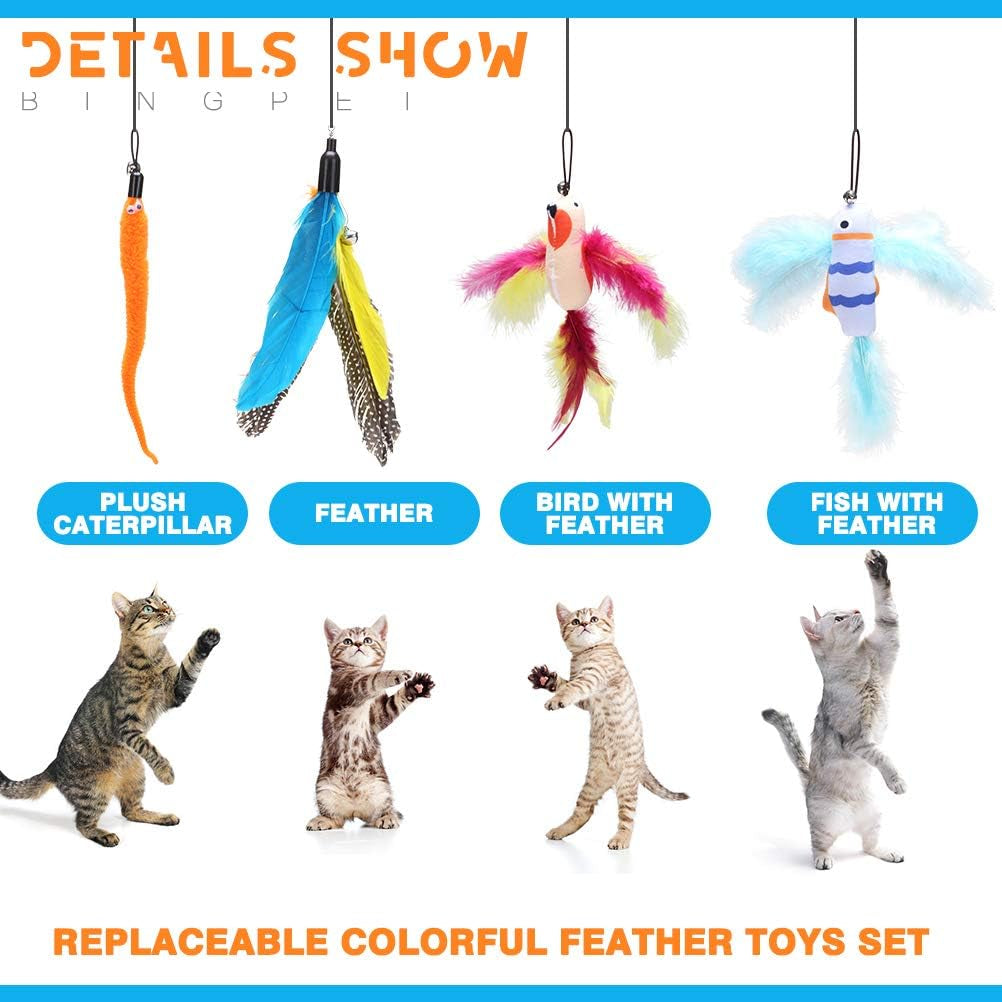 Retractable Cat Teaser Wand Toy, Cat Toys for Indoor Cats Interactive Fishing Rod with 4 Pcs Refills Feather Toy, Plush Caterpillar & Bird & Fish
