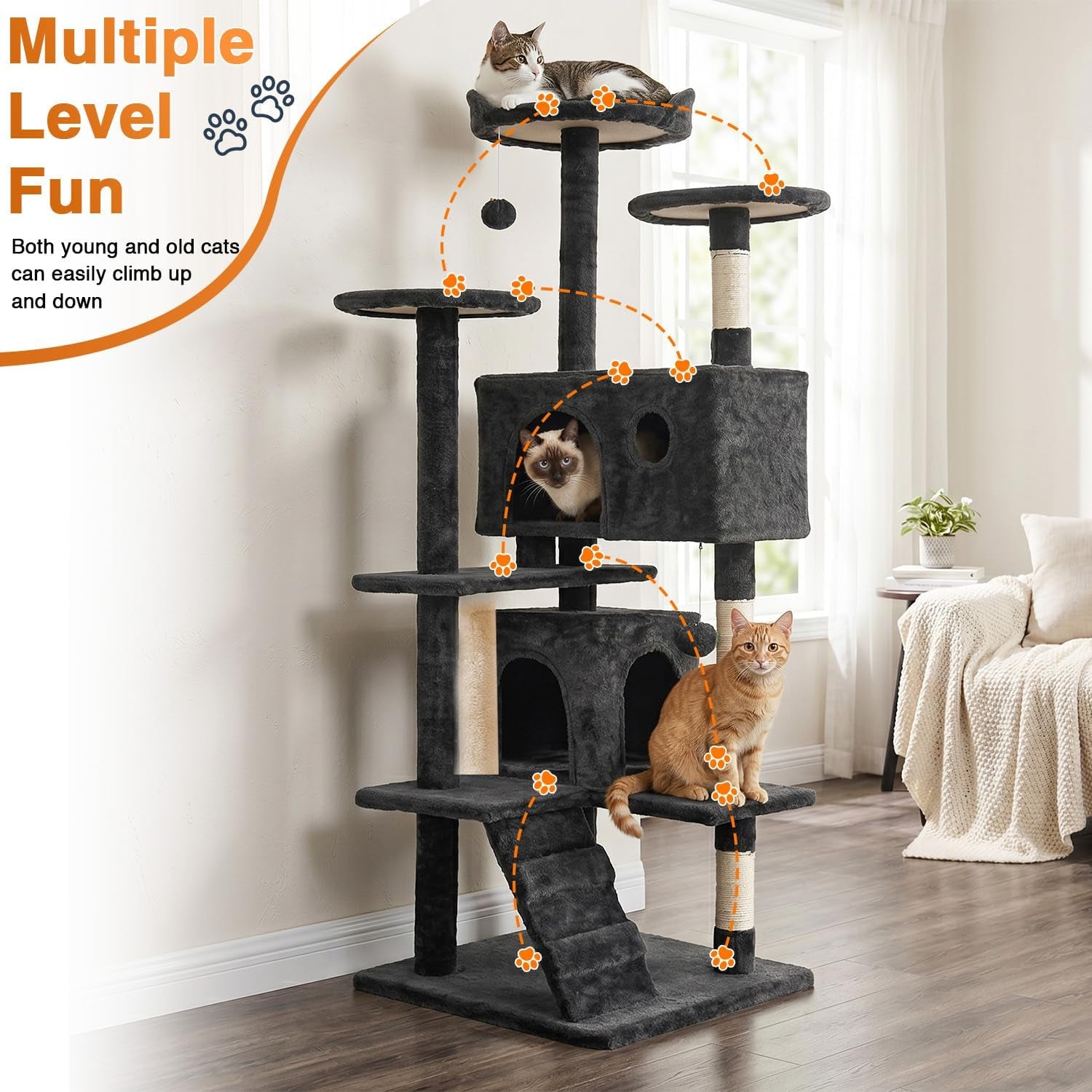 | 54" Cat Tree Tower | Dark Gray | Multi-Level Indoor Activity Center with Sisal Scratching Posts, Condos, Plush Perches, Hanging Cat Toys | Sturdy, Easy to Assemble | for Kittens & Adult Cats