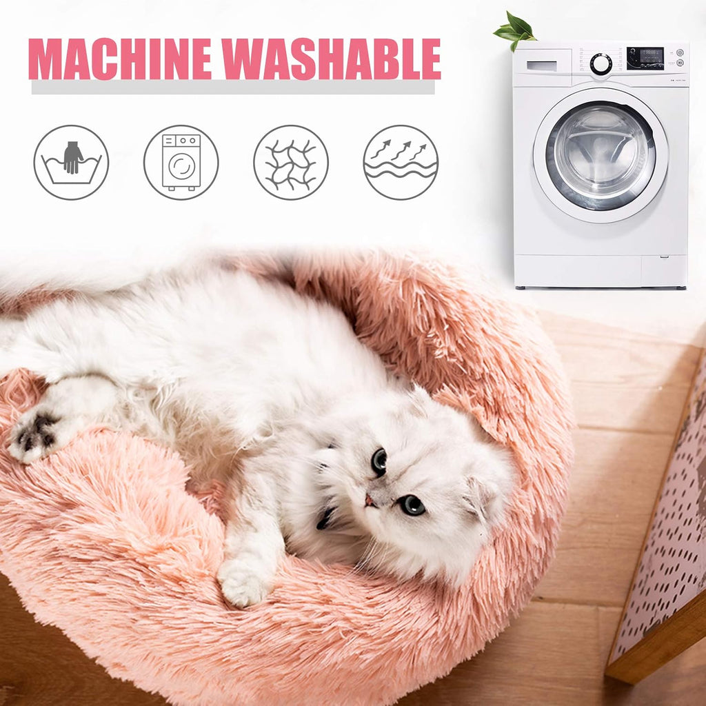 Cat Beds for Indoor Cats, 24'' Cat Bed Machine Washable Dog Bed for Small Dogs, round Fluffy Donut Cuddler Calming Pet Bed, Anti-Anxiety Soft Plush Pet Bed for Puppy and Kitten