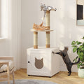 Cat Litter Box Enclosure with Litter Box Enclosure, Furniture with Tree Tower and Condo, Indoor House with Sisal Scratching Post and Soft Plush Perch, White