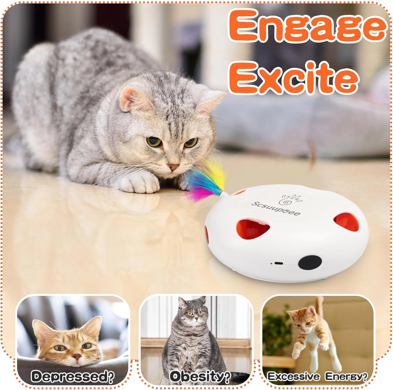 Iinteractive Cat Toy, Electric Cat Toys for Moving Concealed Feathers, Smart Sensor 7 Holes Whack a Mole Feather Toy, USB Charge Automatic Kitten Toys,White