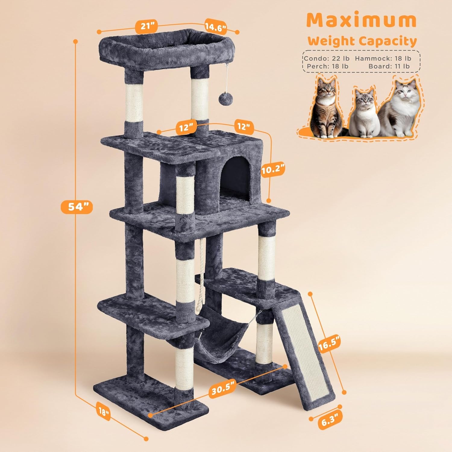 54In Cat Tree Tower, Multi-Level Pet Stand Furniture with Hammock Scratching Posts Condo Extended Platform for Indoor Cats Large to Play and Sleep