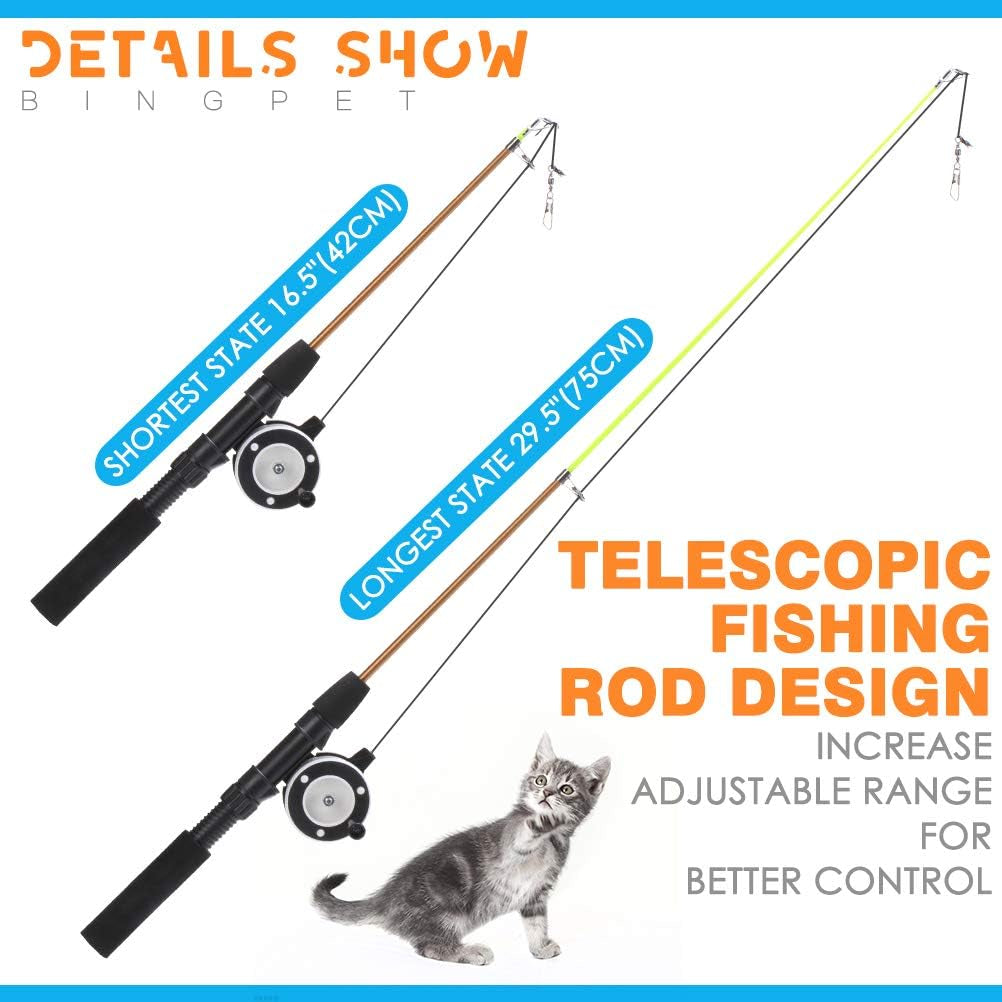 Retractable Cat Teaser Wand Toy, Cat Toys for Indoor Cats Interactive Fishing Rod with 4 Pcs Refills Feather Toy, Plush Caterpillar & Bird & Fish