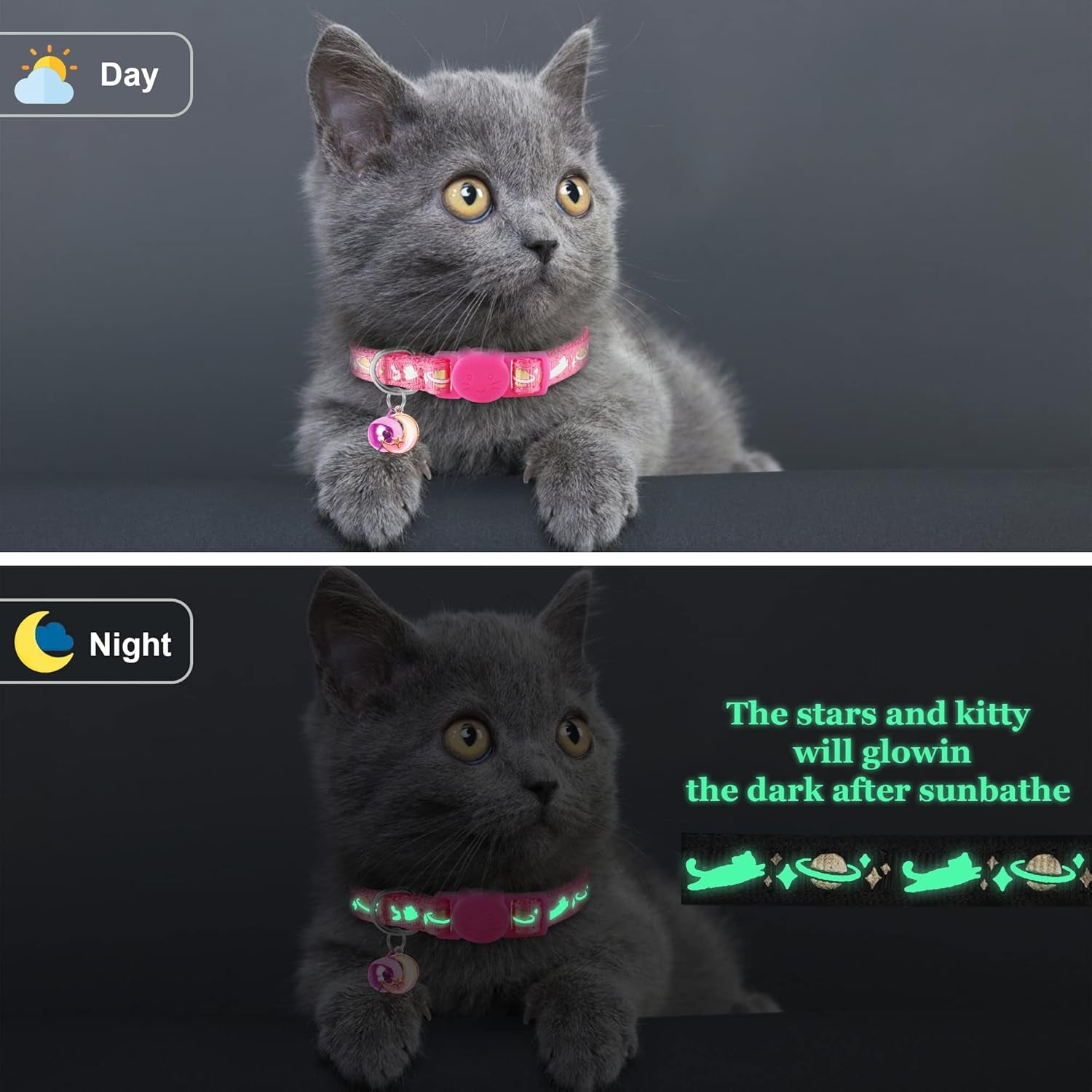 2 Pack Breakaway Cat Collars with Bell Moon Pendant, Adjustable Safe Kitten Collars for Girl Boy Cats, Star Cute Kitty Pattern Glow in the Dark