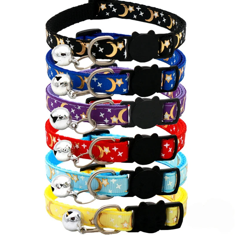 Cat Collar with Bell Cartoon Star Moon Dog Puppy Cat Kitten Collar Adjustable Safety Bell Ring Necklace Cat Jewelry