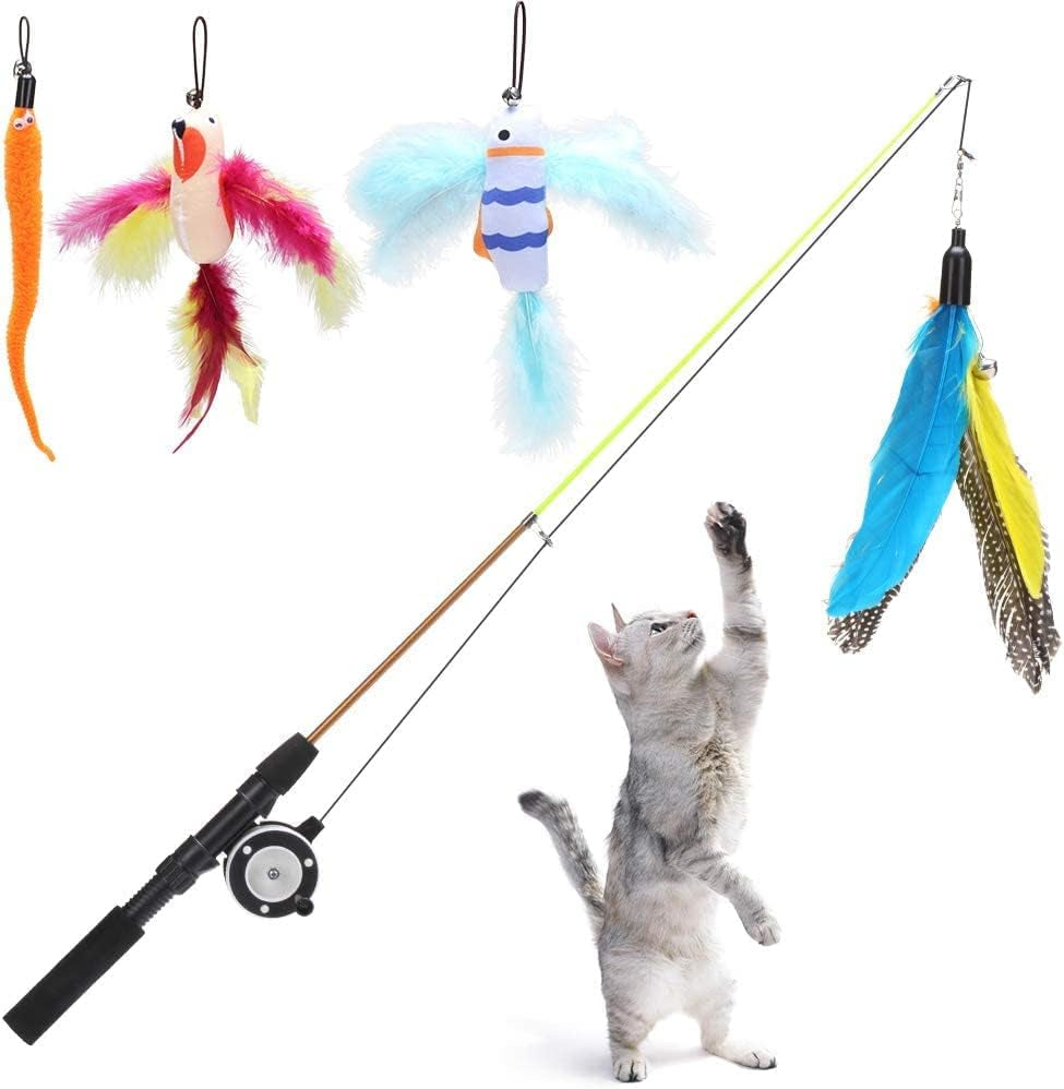 Retractable Cat Teaser Wand Toy, Cat Toys for Indoor Cats Interactive Fishing Rod with 4 Pcs Refills Feather Toy, Plush Caterpillar & Bird & Fish