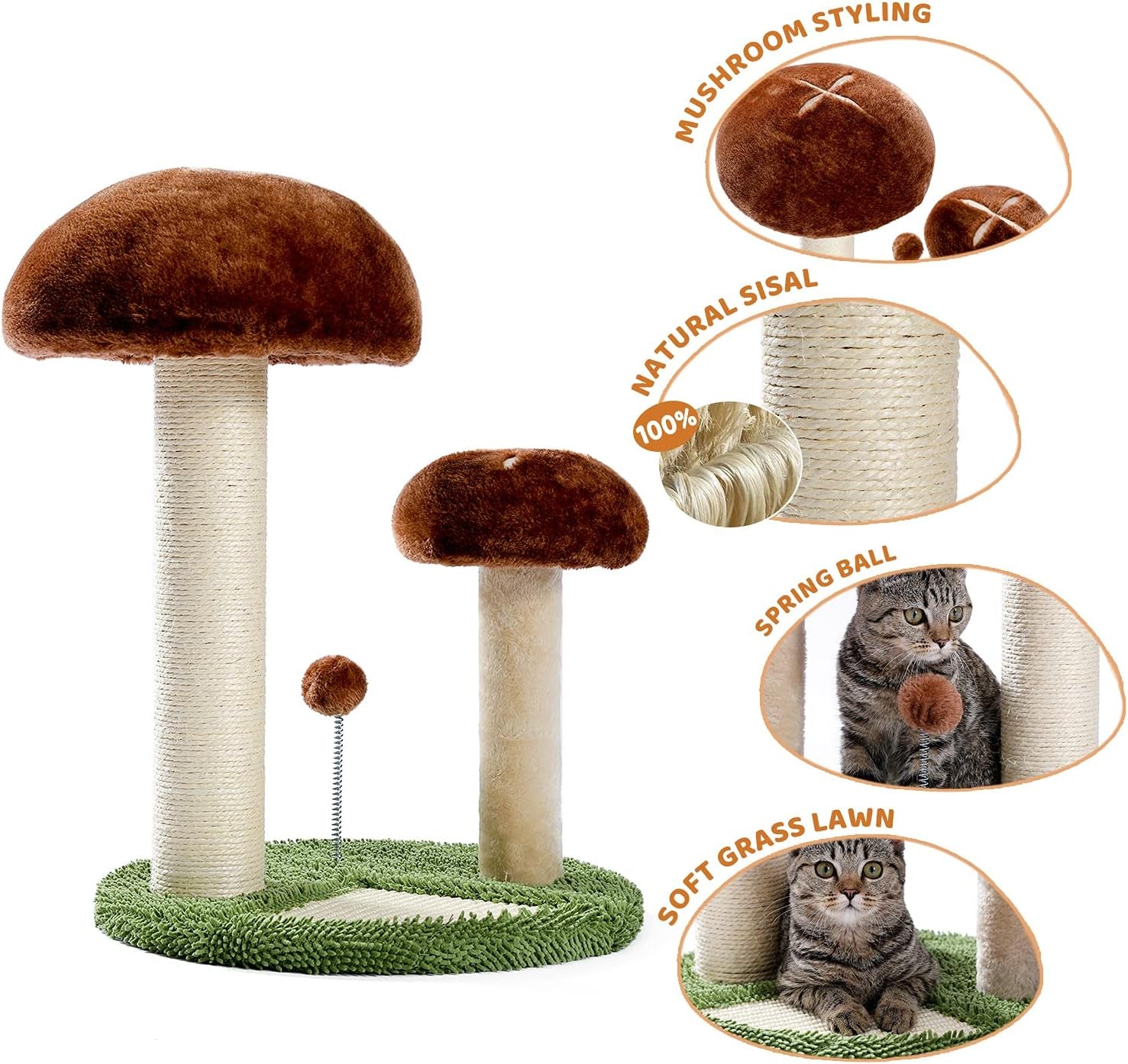 Cat Scratching Post Mushroom Cat Scratcher with Cat Interactive Toy Ball, Natural Sisal Cat Post Made for Kitten, Small Cats