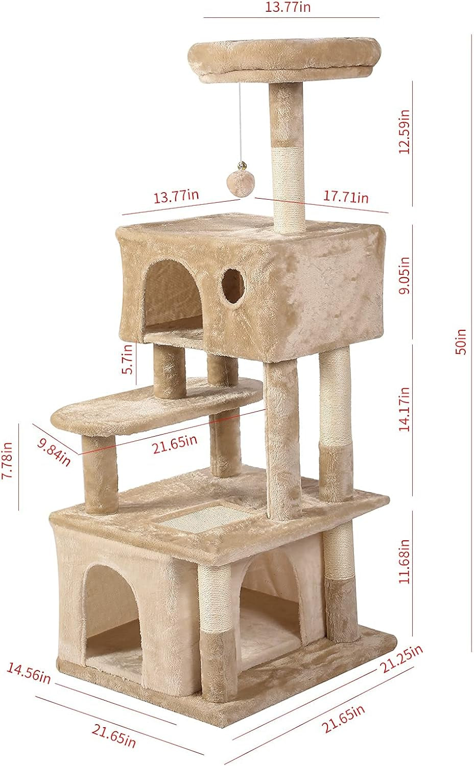 51-Inch Indoor Cat Tree Cat Tower, Multi-Storey Cat Apartment with Platform, Cat Climbing Frame, Cat Play House with Plush Ball