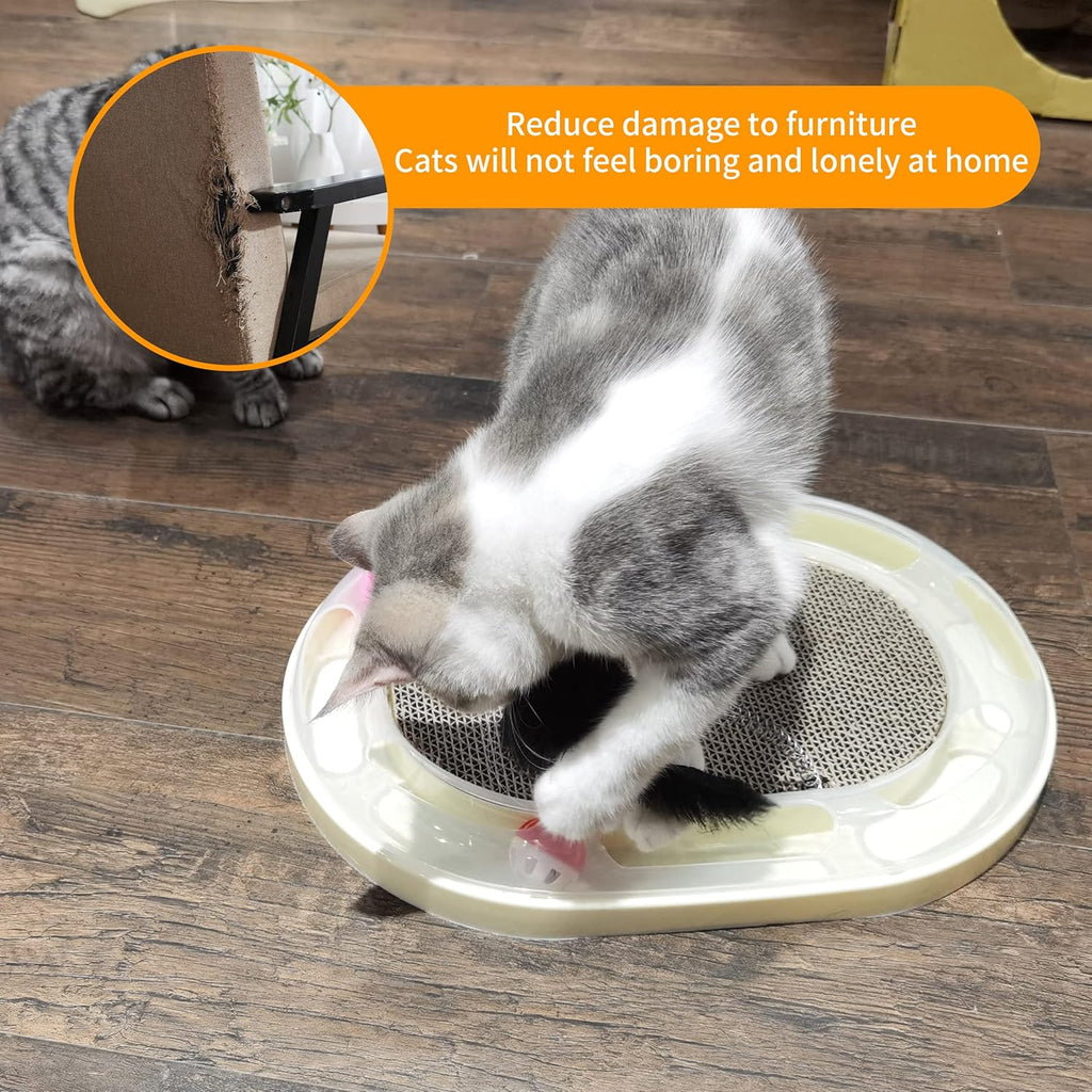 Cat Scratcher with Track,Cat Scratch Board with Catnip and Spring Mice,Cardboard Cat Scratcher with Rolling Ball,Interactive Cat Toy