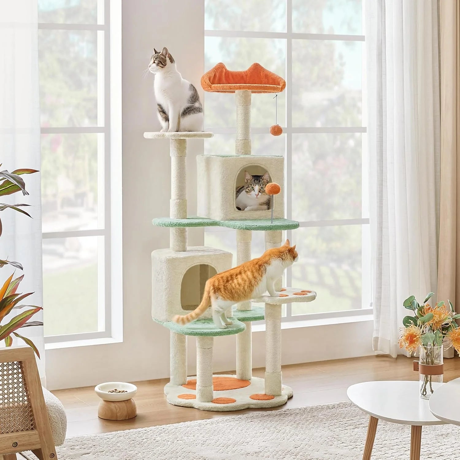 Cat Tree Tower, Multi-Functional Activity Center W/Cat Paw-Shaped Platform, Scratching Posts, 2 Condos and Dangling Balls for Indoor Cats to Relax