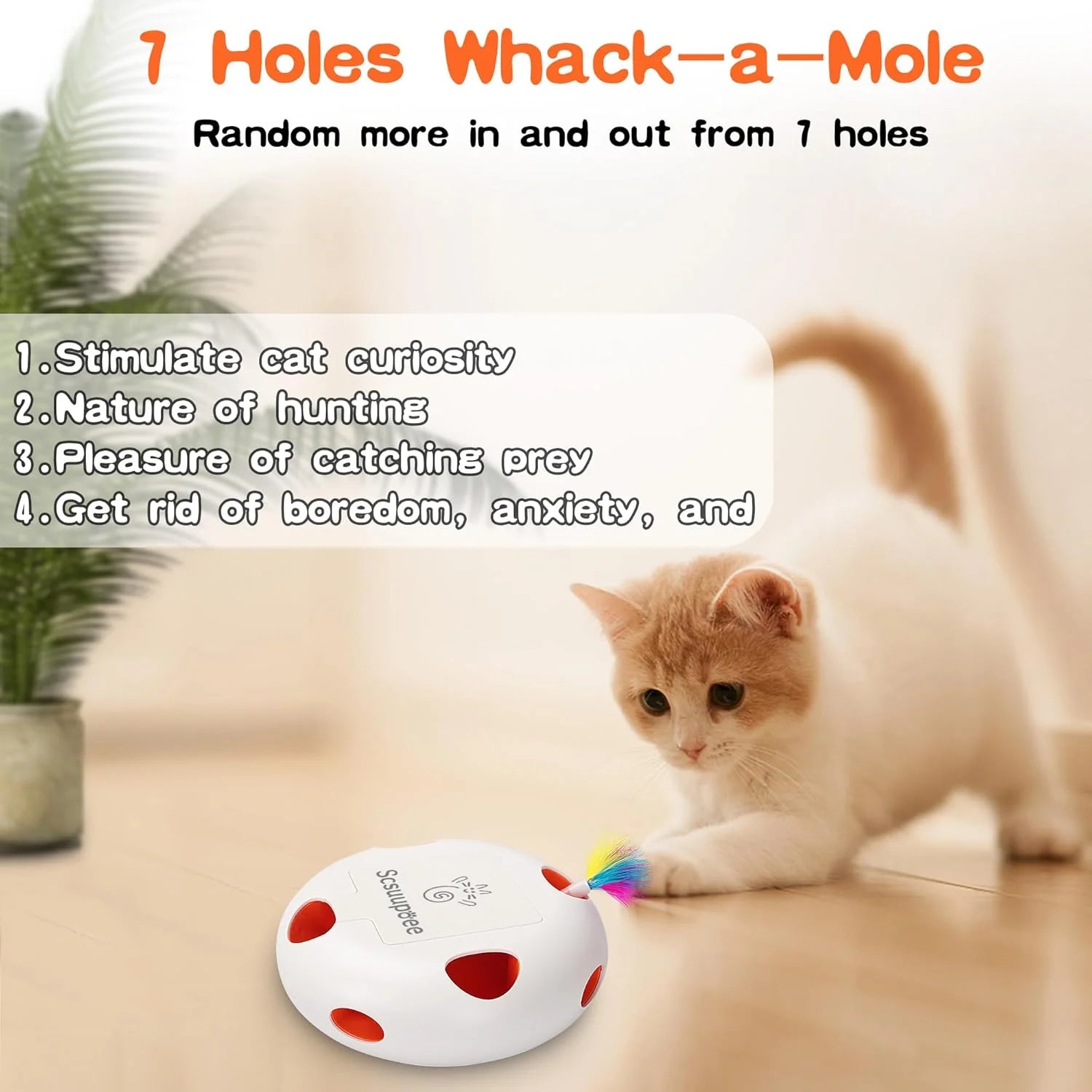 Iinteractive Cat Toy, Electric Cat Toys for Moving Concealed Feathers, Smart Sensor 7 Holes Whack a Mole Feather Toy, USB Charge Automatic Kitten Toys,White
