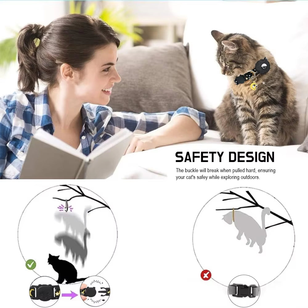 Apple Tag Pet Collar with Airtag Holder & Moon Ornament for Kitten Collar Girl Boy Cats, Small Dog Collar Kitten Accessories