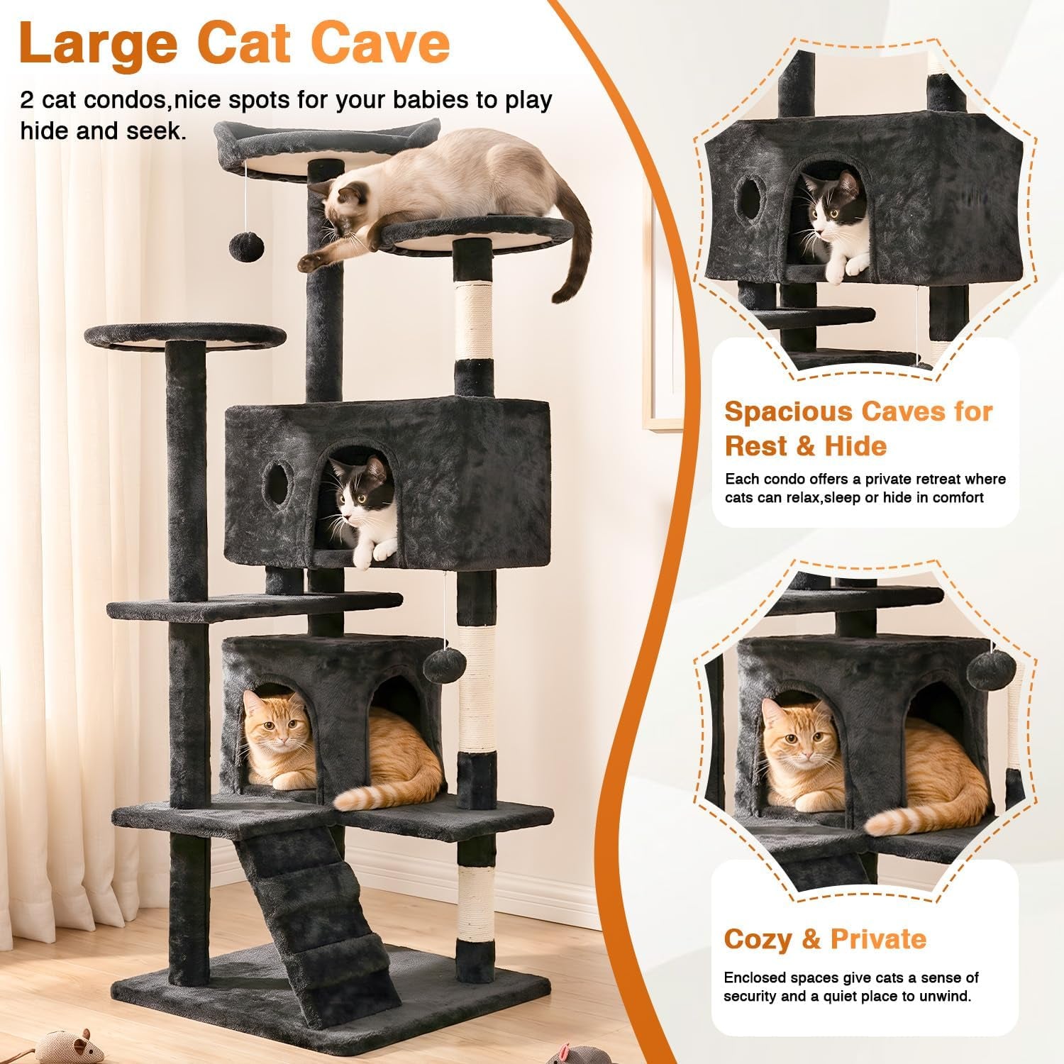 | 54" Cat Tree Tower | Dark Gray | Multi-Level Indoor Activity Center with Sisal Scratching Posts, Condos, Plush Perches, Hanging Cat Toys | Sturdy, Easy to Assemble | for Kittens & Adult Cats