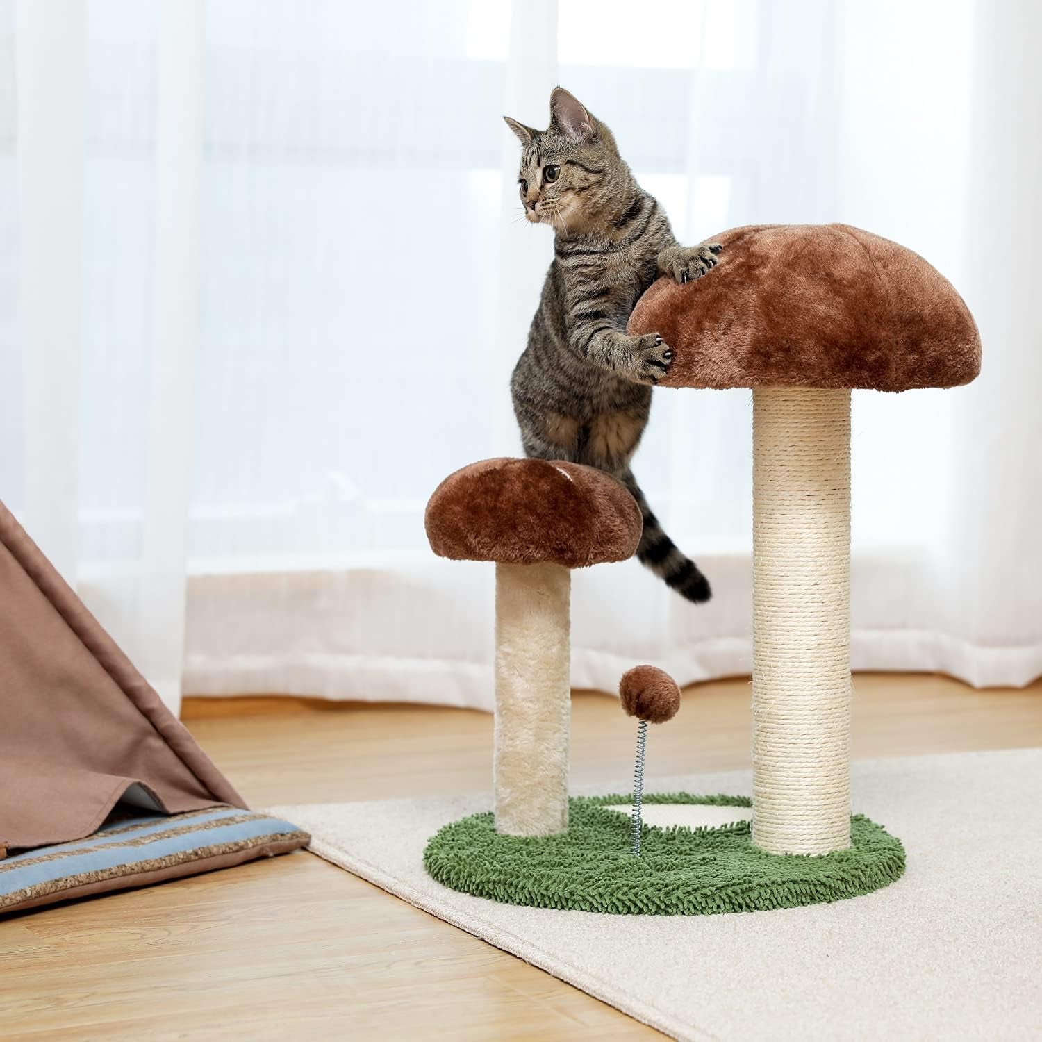 Cat Scratching Post Mushroom Cat Scratcher with Cat Interactive Toy Ball, Natural Sisal Cat Post Made for Kitten, Small Cats