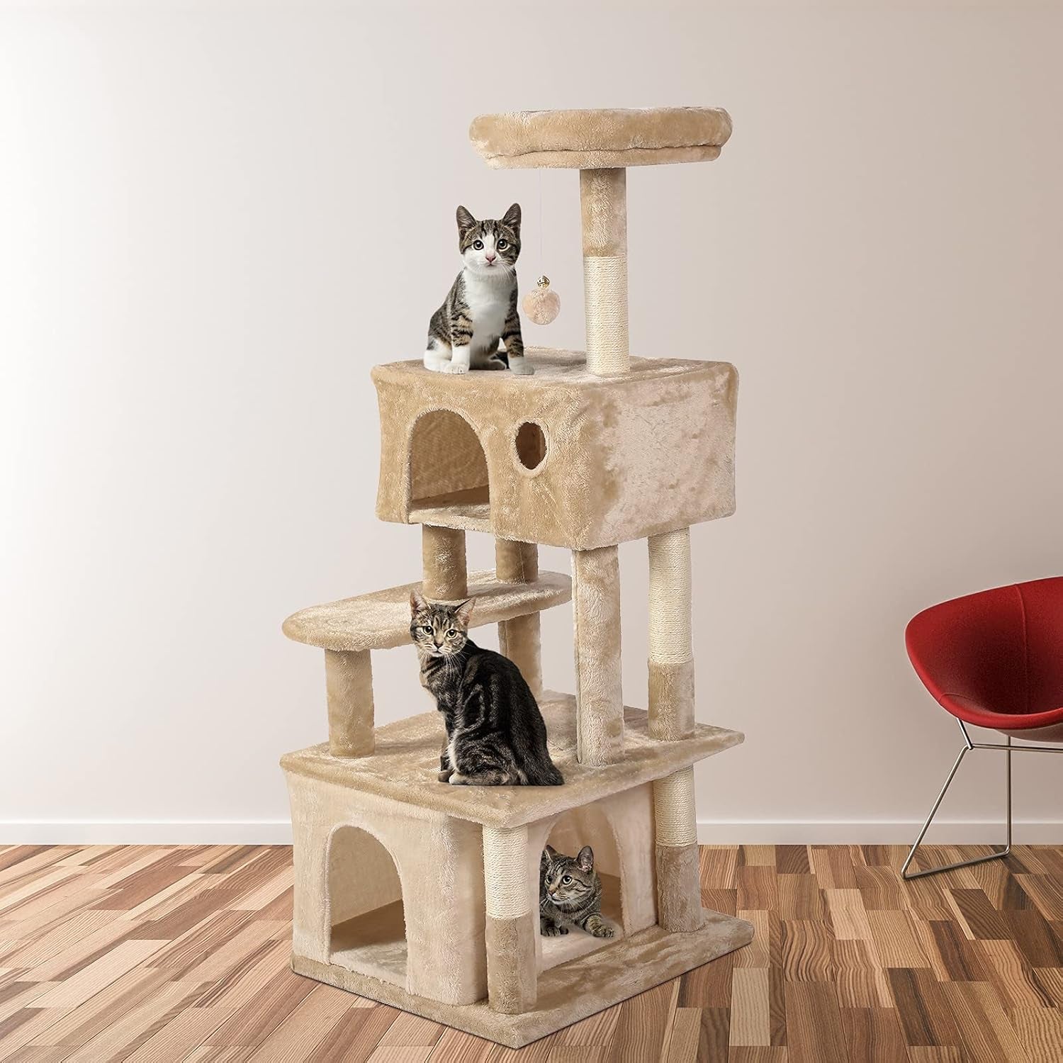 51-Inch Indoor Cat Tree Cat Tower, Multi-Storey Cat Apartment with Platform, Cat Climbing Frame, Cat Play House with Plush Ball