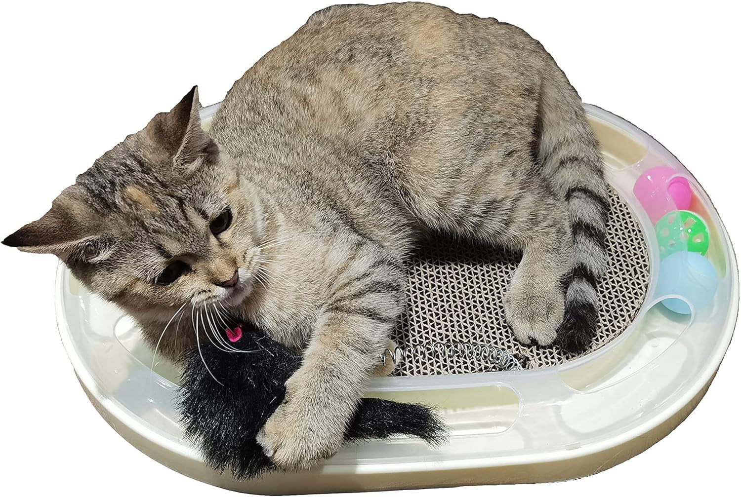 Cat Scratcher with Track,Cat Scratch Board with Catnip and Spring Mice,Cardboard Cat Scratcher with Rolling Ball,Interactive Cat Toy