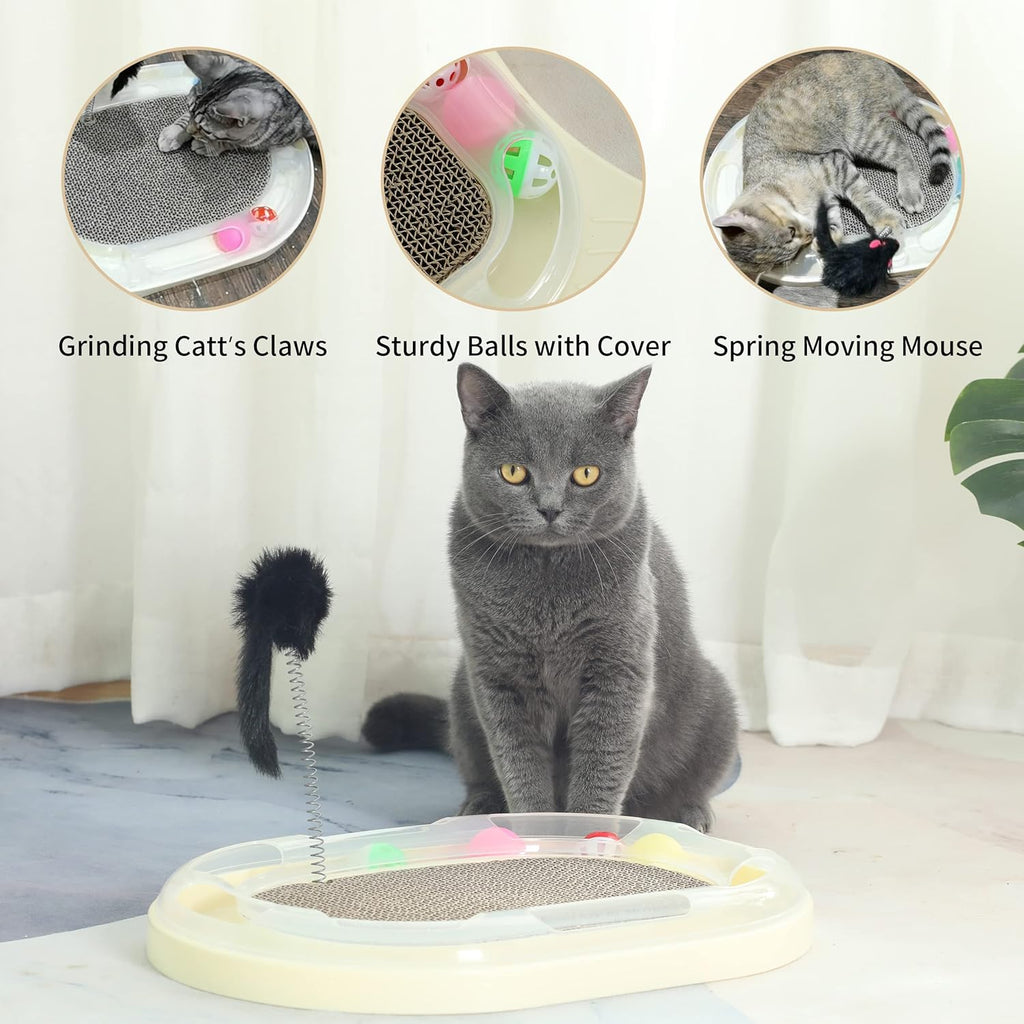 Cat Scratcher with Track,Cat Scratch Board with Catnip and Spring Mice,Cardboard Cat Scratcher with Rolling Ball,Interactive Cat Toy