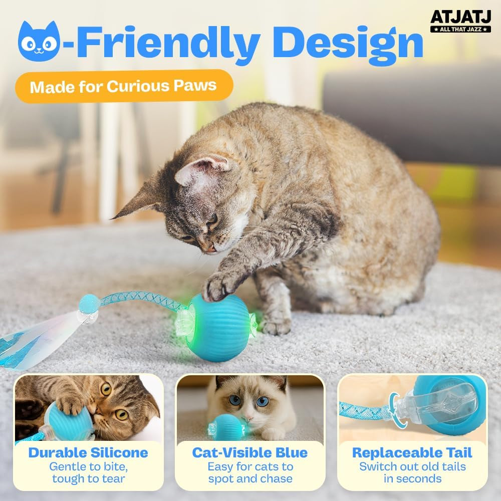 Interactive Cat Balls Toys for Indoor Cats, Automated Smart Ball Cat Toy with Elastic Mesh Tail, 3-Speed Rechargeable Rolling Kitten Toy, Electronic Mental Stimulating Self Play Pet Ball for Fun
