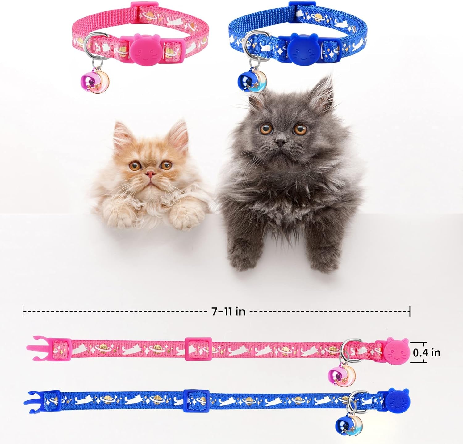 2 Pack Breakaway Cat Collars with Bell Moon Pendant, Adjustable Safe Kitten Collars for Girl Boy Cats, Star Cute Kitty Pattern Glow in the Dark