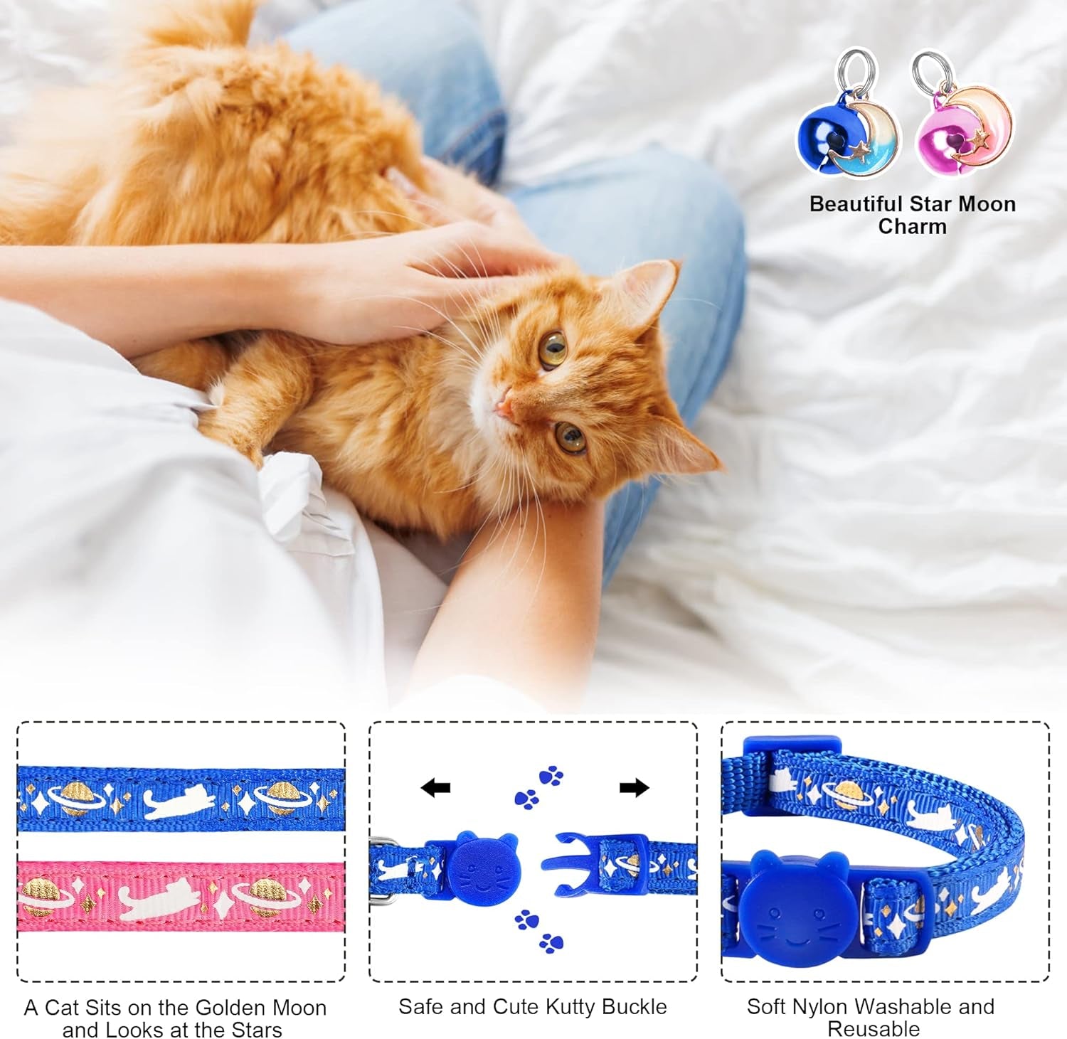 2 Pack Breakaway Cat Collars with Bell Moon Pendant, Adjustable Safe Kitten Collars for Girl Boy Cats, Star Cute Kitty Pattern Glow in the Dark