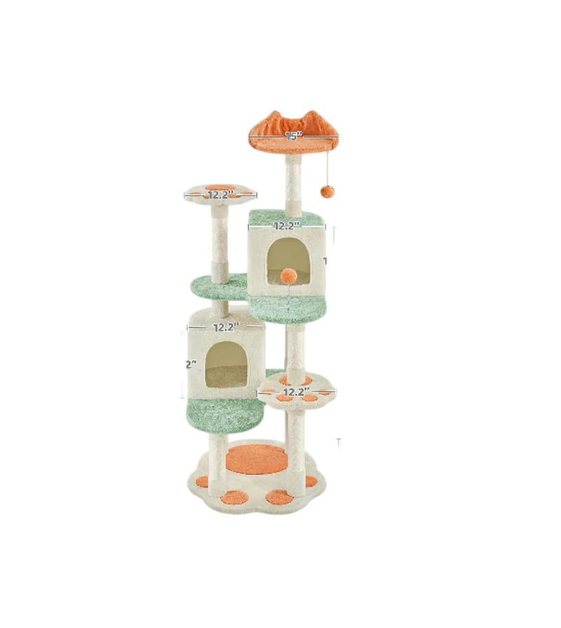 Cat Tree Tower, Multi-Functional Activity Center W/Cat Paw-Shaped Platform, Scratching Posts, 2 Condos and Dangling Balls for Indoor Cats to Relax