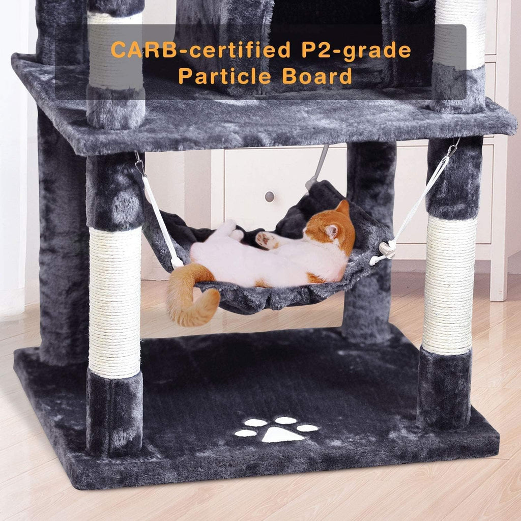 Cat Tree 66.9Inch Multi-Level Large,Activity Centre Cat Tower Furniture,Sisal-Covered Scratching Posts,3 Padded Plush Perches,Dual Condo & Basket,Removable Hammock for Large Cats,Smokey Grey