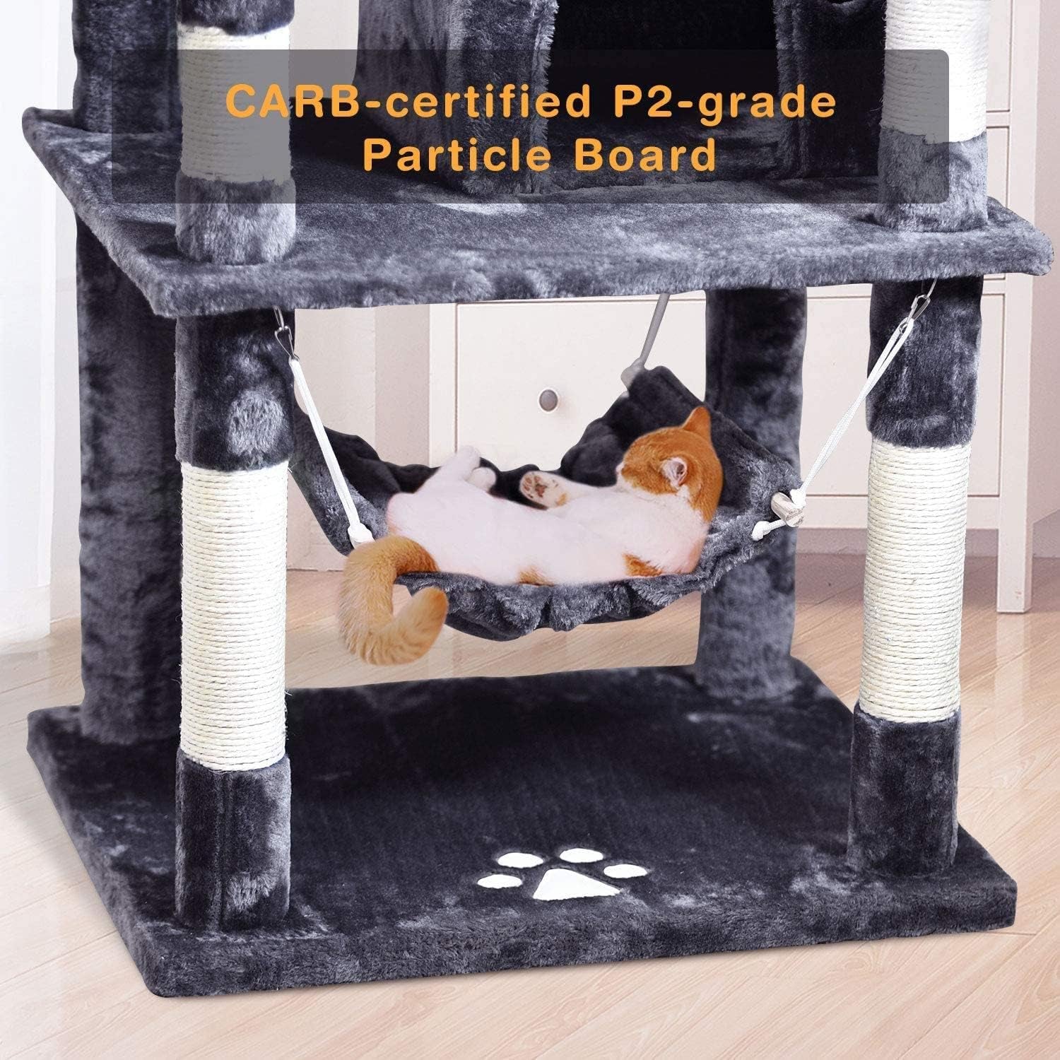 Cat Tree 66.9Inch Multi-Level Large,Activity Centre Cat Tower Furniture,Sisal-Covered Scratching Posts,3 Padded Plush Perches,Dual Condo & Basket,Removable Hammock for Large Cats,Smokey Grey