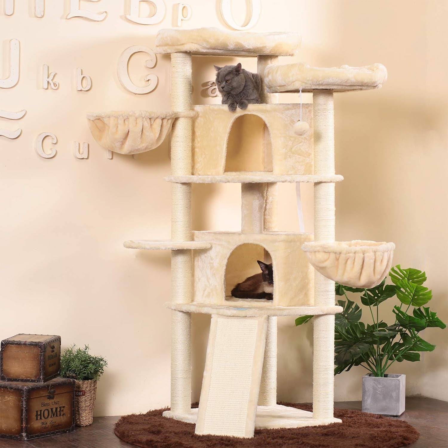 Extra Large Multi-Level Cat Tree Condo Furniture with Sisal-Covered Scratching Posts, 2 Bigger Plush Condos, 2 Perch Hammock, Scratching Posts MPJ031M