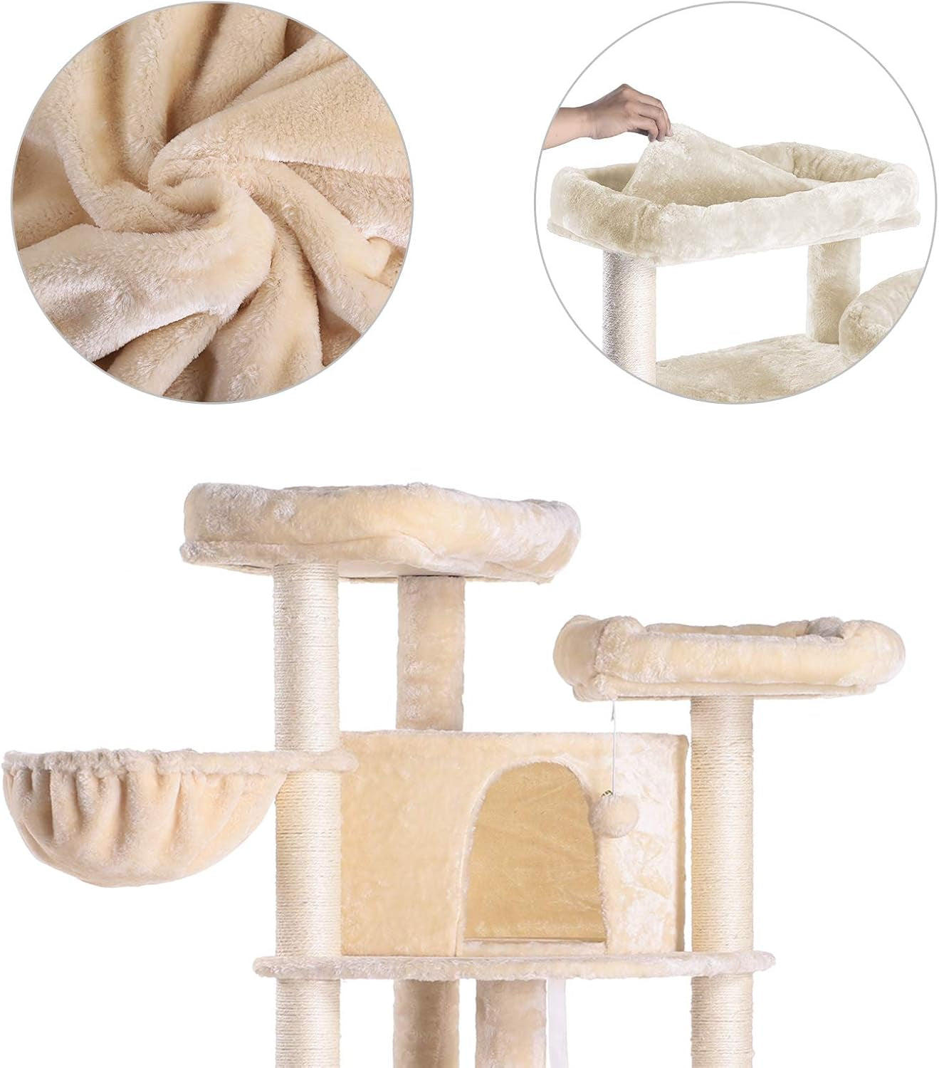 Extra Large Multi-Level Cat Tree Condo Furniture with Sisal-Covered Scratching Posts, 2 Bigger Plush Condos, 2 Perch Hammock, Scratching Posts MPJ031M