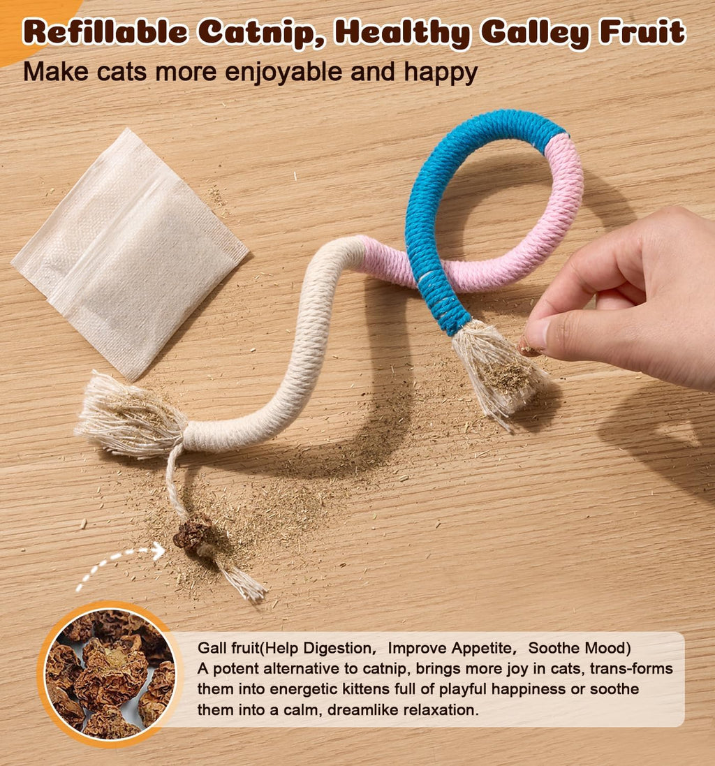 Cat Chew Ropes 4Pcs, Cat Toys for Indoor Cats with Refillable Natural Catnip, Safe Teeth Cleaning Chew Toys, Interactive Kitten Nip Toys and All Breeds