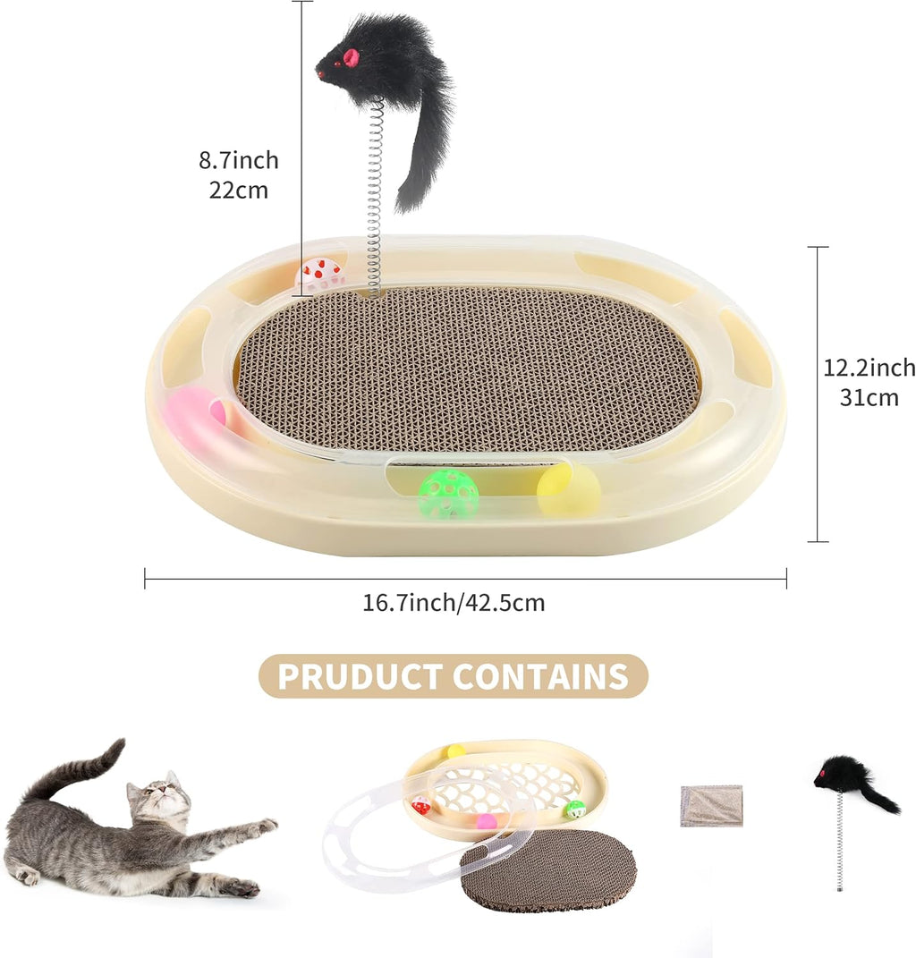 Cat Scratcher with Track,Cat Scratch Board with Catnip and Spring Mice,Cardboard Cat Scratcher with Rolling Ball,Interactive Cat Toy