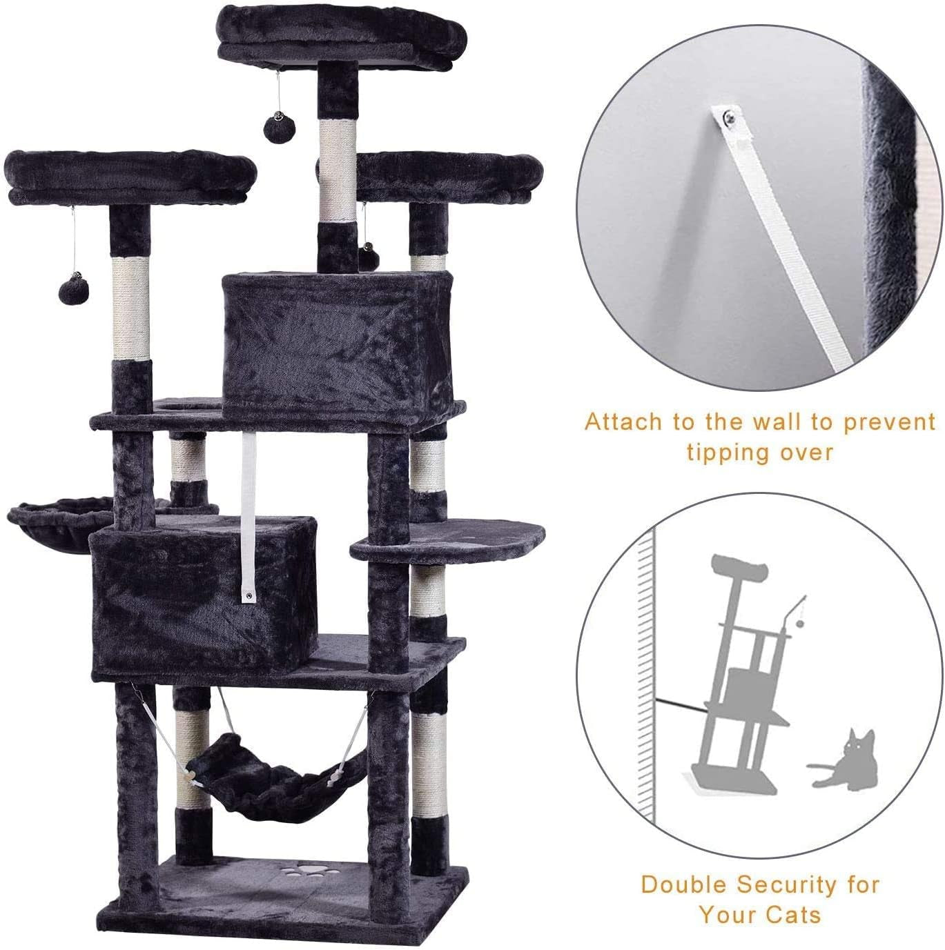 Cat Tree 66.9Inch Multi-Level Large,Activity Centre Cat Tower Furniture,Sisal-Covered Scratching Posts,3 Padded Plush Perches,Dual Condo & Basket,Removable Hammock for Large Cats,Smokey Grey
