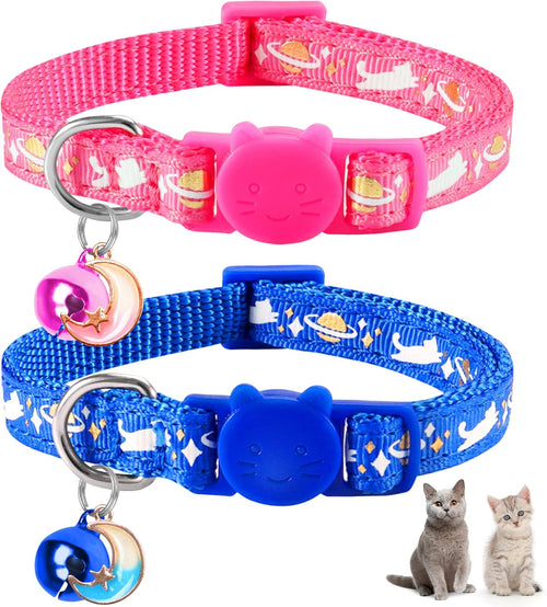 2 Pack Breakaway Cat Collars with Bell Moon Pendant, Adjustable Safe Kitten Collars for Girl Boy Cats, Star Cute Kitty Pattern Glow in the Dark