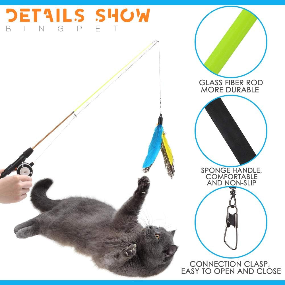 Retractable Cat Teaser Wand Toy, Cat Toys for Indoor Cats Interactive Fishing Rod with 4 Pcs Refills Feather Toy, Plush Caterpillar & Bird & Fish
