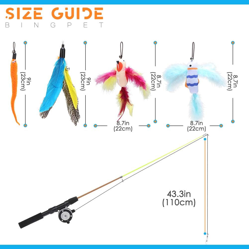 Retractable Cat Teaser Wand Toy, Cat Toys for Indoor Cats Interactive Fishing Rod with 4 Pcs Refills Feather Toy, Plush Caterpillar & Bird & Fish