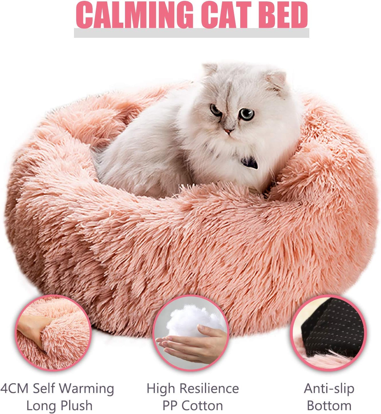 Cat Beds for Indoor Cats, 24'' Cat Bed Machine Washable Dog Bed for Small Dogs, round Fluffy Donut Cuddler Calming Pet Bed, Anti-Anxiety Soft Plush Pet Bed for Puppy and Kitten