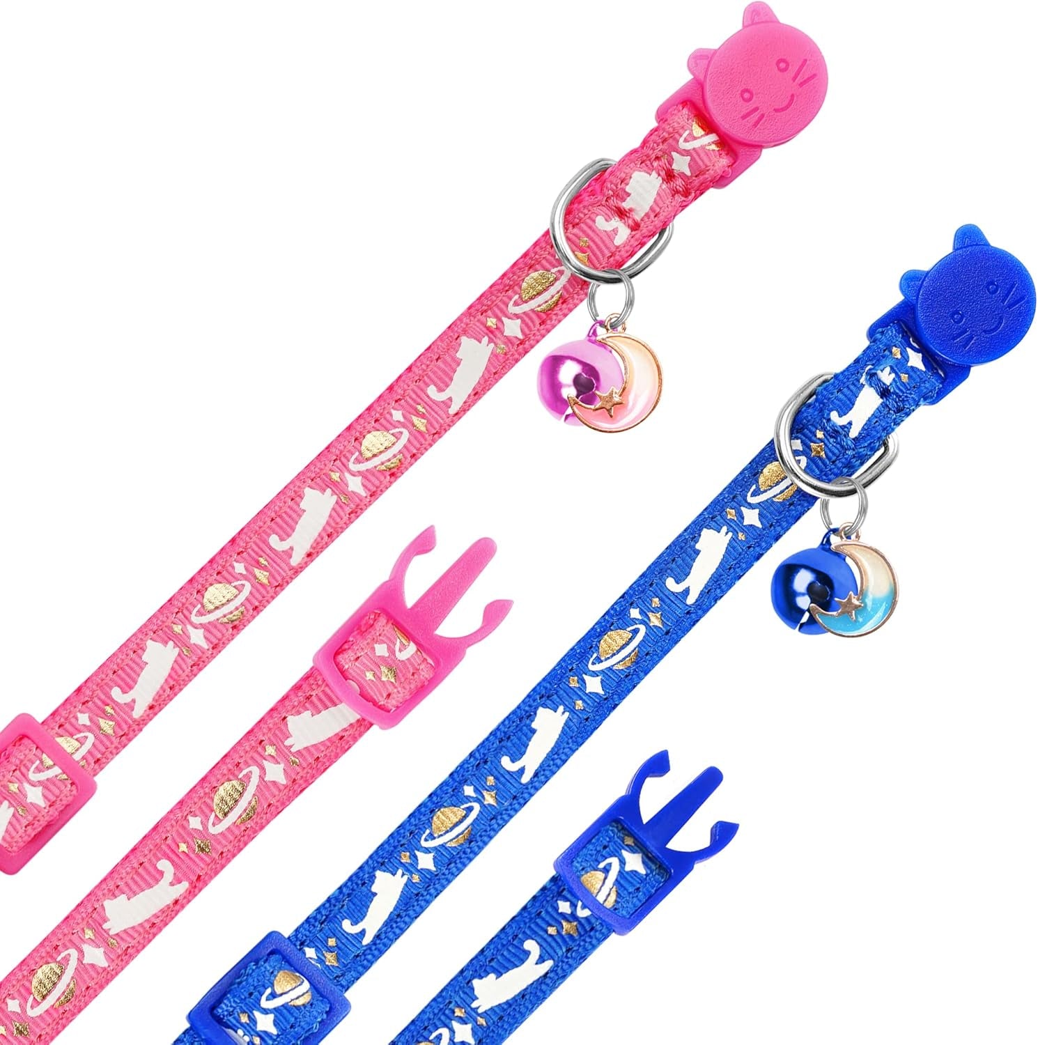 2 Pack Breakaway Cat Collars with Bell Moon Pendant, Adjustable Safe Kitten Collars for Girl Boy Cats, Star Cute Kitty Pattern Glow in the Dark