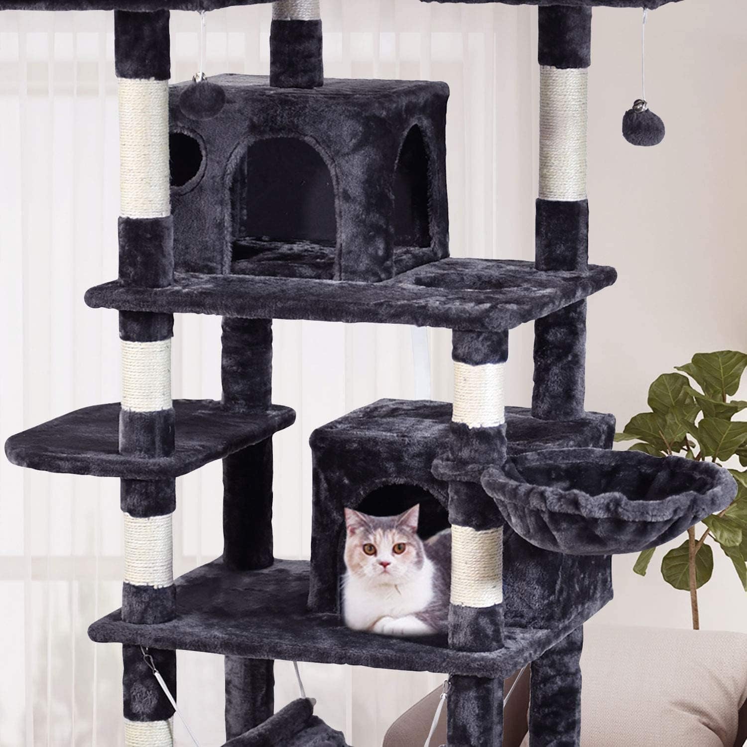 Cat Tree 66.9Inch Multi-Level Large,Activity Centre Cat Tower Furniture,Sisal-Covered Scratching Posts,3 Padded Plush Perches,Dual Condo & Basket,Removable Hammock for Large Cats,Smokey Grey