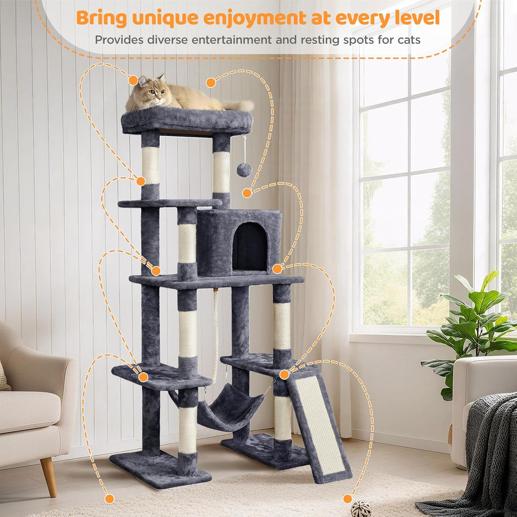 54In Cat Tree Tower, Multi-Level Pet Stand Furniture with Hammock Scratching Posts Condo Extended Platform for Indoor Cats Large to Play and Sleep
